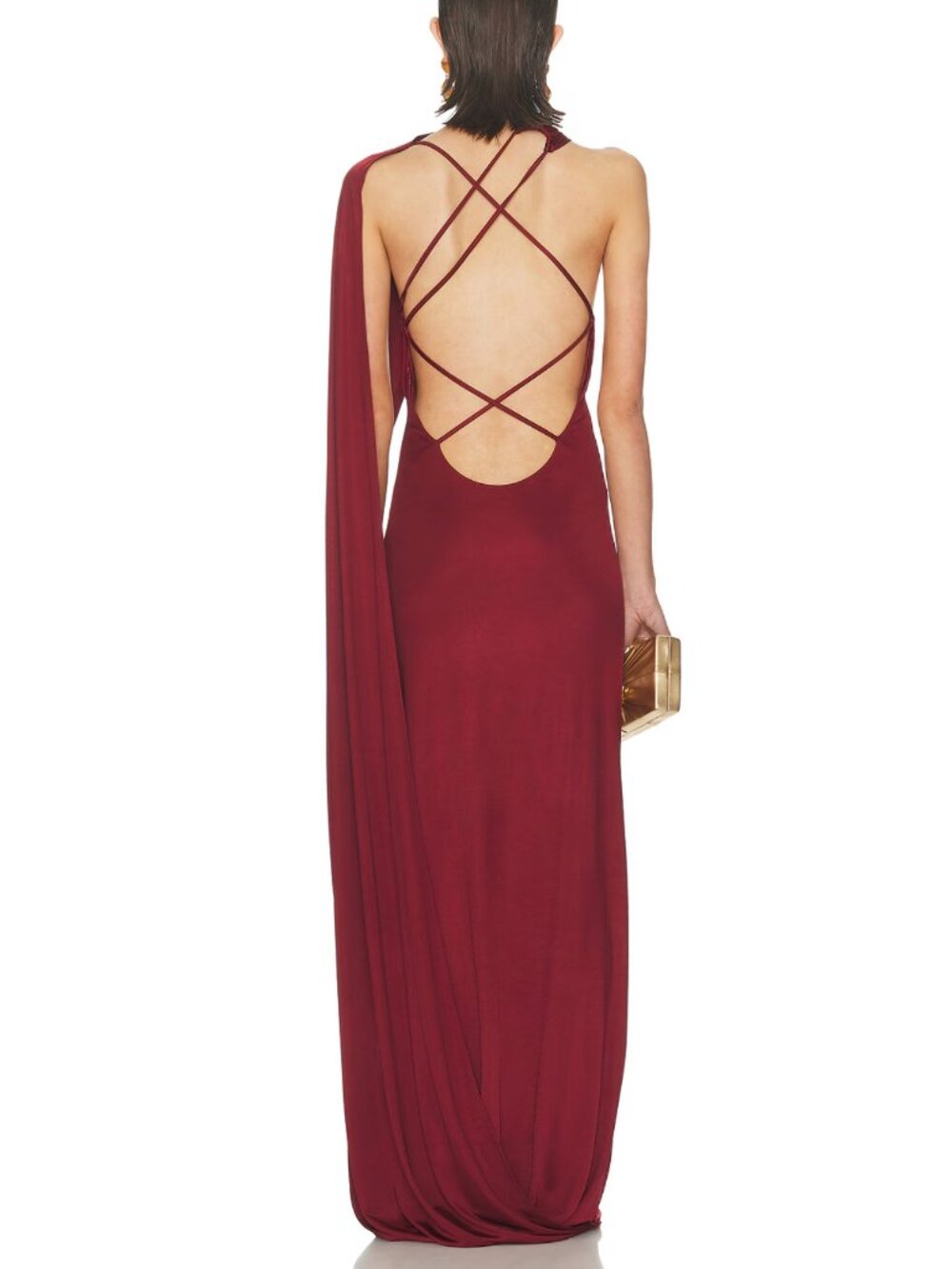 Helsa The Muse Cape Jersey Maxi Dress in Oxblood Red One Shoulder Formal Gown S - Picture 2 of 5